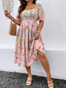 SHEIN Franclia 大碼印花方領泡泡袖連衣裙 - 粉色 - 查看 3