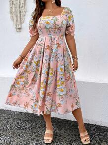 SHEIN Franclia 大碼印花方領泡泡袖連衣裙 - 粉色 - 查看 4