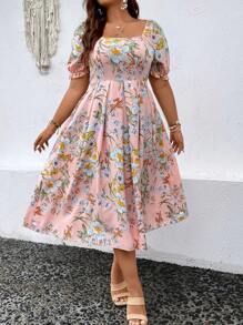 SHEIN Franclia 大碼印花方領泡泡袖連衣裙 - 粉色 - 查看 5