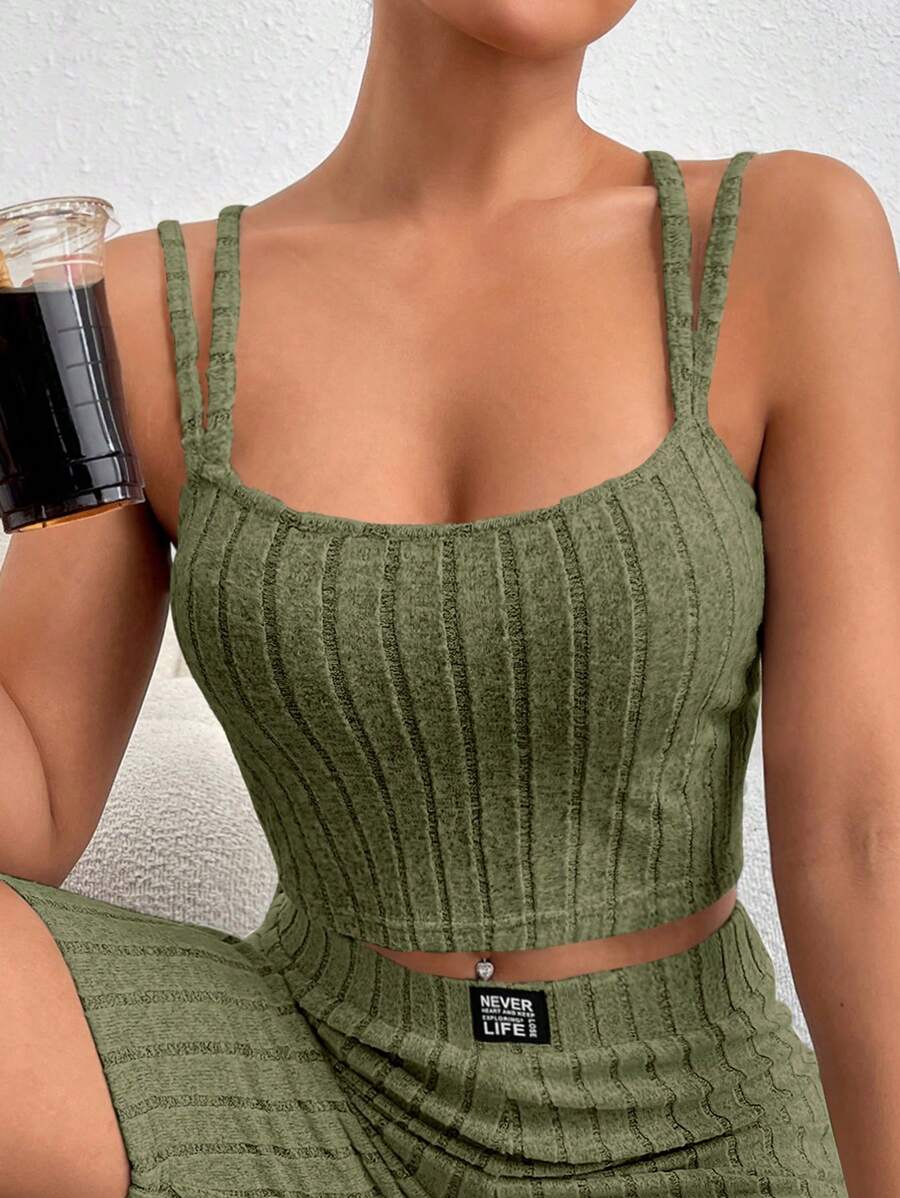 SHEIN EZwear Solid Crop Cami Top - Army Green - View 1