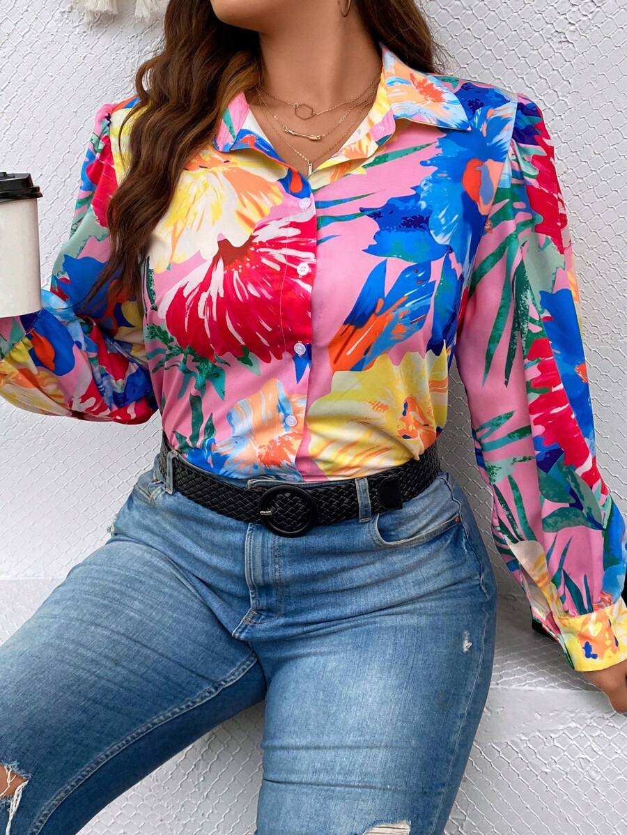 SHEIN LUNE Áo sơ mi Plus Size Nút phía trước Nhiệt đới Boho - Nhiều màu - Xem 1