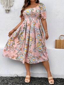 SHEIN Franclia 大碼印花方領泡泡袖連衣裙 - 粉色 - 查看 7