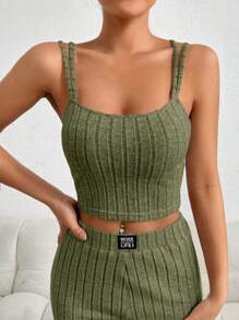 SHEIN EZwear Top de tirantes crop unicolor - Verde militar - Ver 3