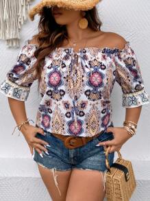 SHEIN Holidaya Plus Floral Print Off Shoulder Frill Trim Blouse - White - View 3