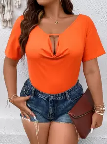 SHEIN Unity Áo thun Plus size Cắt ra Vắt màu trơn Giải trí - trái cam - Xem 1