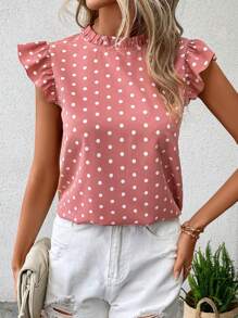 SHEIN Clasi Áo sơ mi nữ Nút Xù viền lá sen Chấm bi Giải trí - Bụi hồng - Xem 5