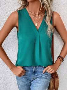 SHEIN LUNE Solid V Neck Sleeveless Blouse - Cadet Blue - View 2