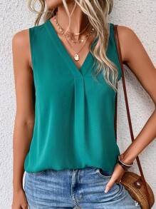 SHEIN LUNE Solid V Neck Sleeveless Blouse - Cadet Blue - View 5