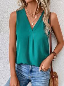 SHEIN LUNE Solid V Neck Sleeveless Blouse - Cadet Blue - View 4