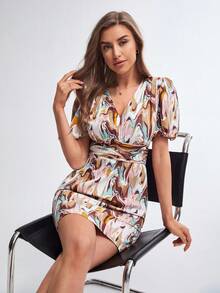 BizChic Vestido con estampado de mármol de manga farol fruncido delantero - Multicolor - Ver 5