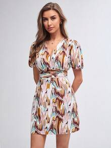 BizChic Vestido con estampado de mármol de manga farol fruncido delantero - Multicolor - Ver 6