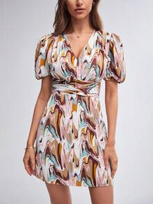 BizChic Vestido con estampado de mármol de manga farol fruncido delantero - Multicolor - Ver 8