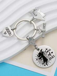 1入組女性字母人物圖案圓形和愛心掛飾時尚鑰匙圈適用於畢業禮物 - 銀色 - 查看 2