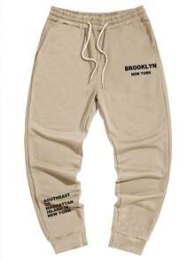 Manfinity Homme Men Letter Graphic Drawstring Waist Joggers - Khaki - View 3