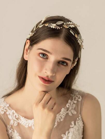 1pc Women Faux Pearl & Leaf Decor Fashionable Bridal Hair Band For Wedding Party
