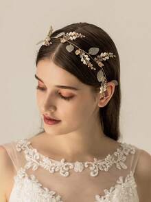 1pc Women Faux Pearl & Leaf Decor Fashionable Bridal Hair Band For Wedding Party