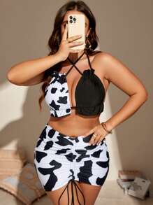 SHEIN 大尺碼乳牛印花掛脖比基尼套裝搭配沙灘裙夏季海灘 - 黑與白 - 查看 1