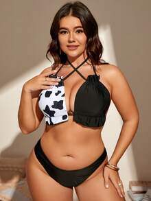 SHEIN 大尺碼乳牛印花掛脖比基尼套裝搭配沙灘裙夏季海灘 - 黑與白 - 查看 3