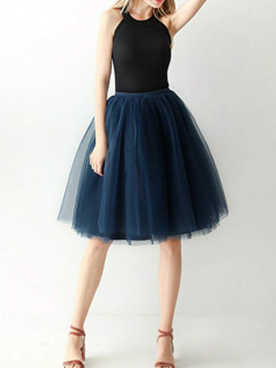 1 件百搭松紧腰带薄纱裙衬裙，女士/女孩，洛丽塔连衣裙衬裙，芭蕾舞裙，65 厘米，浪漫时尚，非常适合日常穿着和角色扮演秋季女性服装 - 藏蓝色 - 查看 1