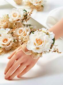 6 件装女士仿珍珠和花朵装饰时尚腕花适用于婚礼派对情人节