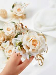 6 件装女士仿珍珠和花朵装饰时尚腕花适用于婚礼派对情人节
