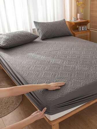 1pc Plain Fitted Sheet, Minimalist Fabric Waterproof Fitted Bottom Sheet For Bedroom