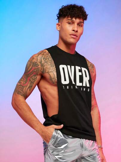 FeverCity Camiseta sin mangas de algodón con gráfico de letra para hombre, apta para atuendo de rave, salir, regalo para novio