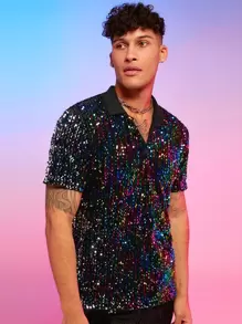 FeverCity Men Sequin Decor Polo Shirt