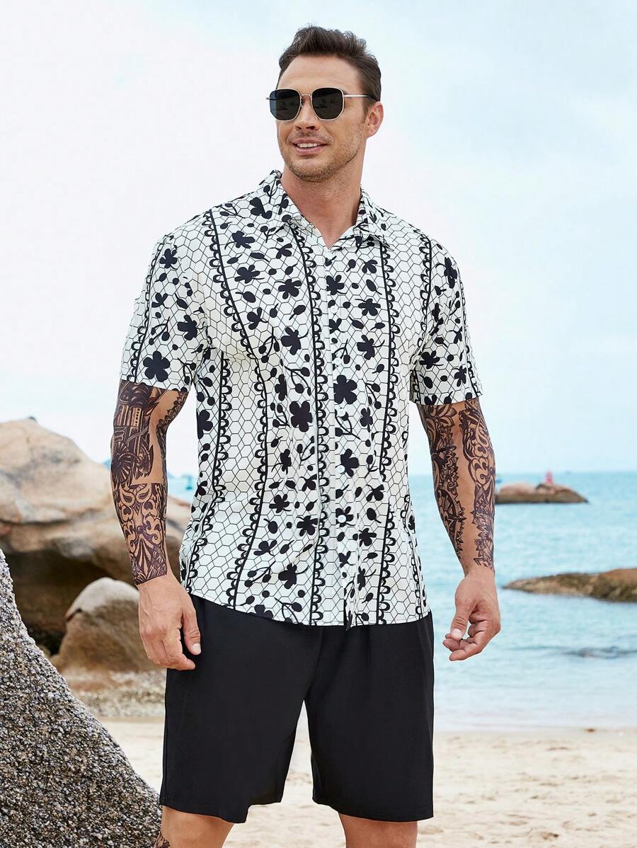 Manfinity Men Plus Floral Print Shirt & Drawstring Waist Shorts Without Tee - Black and White - View 1