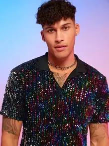 FeverCity Men Sequin Decor Polo Shirt