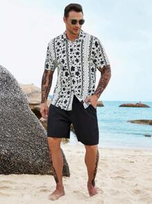 Manfinity Men Plus Floral Print Shirt & Drawstring Waist Shorts Without Tee - Black and White - View 4