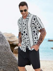 Manfinity Men Plus Floral Print Shirt & Drawstring Waist Shorts Without Tee - Black and White - View 5