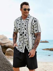 Manfinity Men Plus Floral Print Shirt & Drawstring Waist Shorts Without Tee - Black and White - View 7