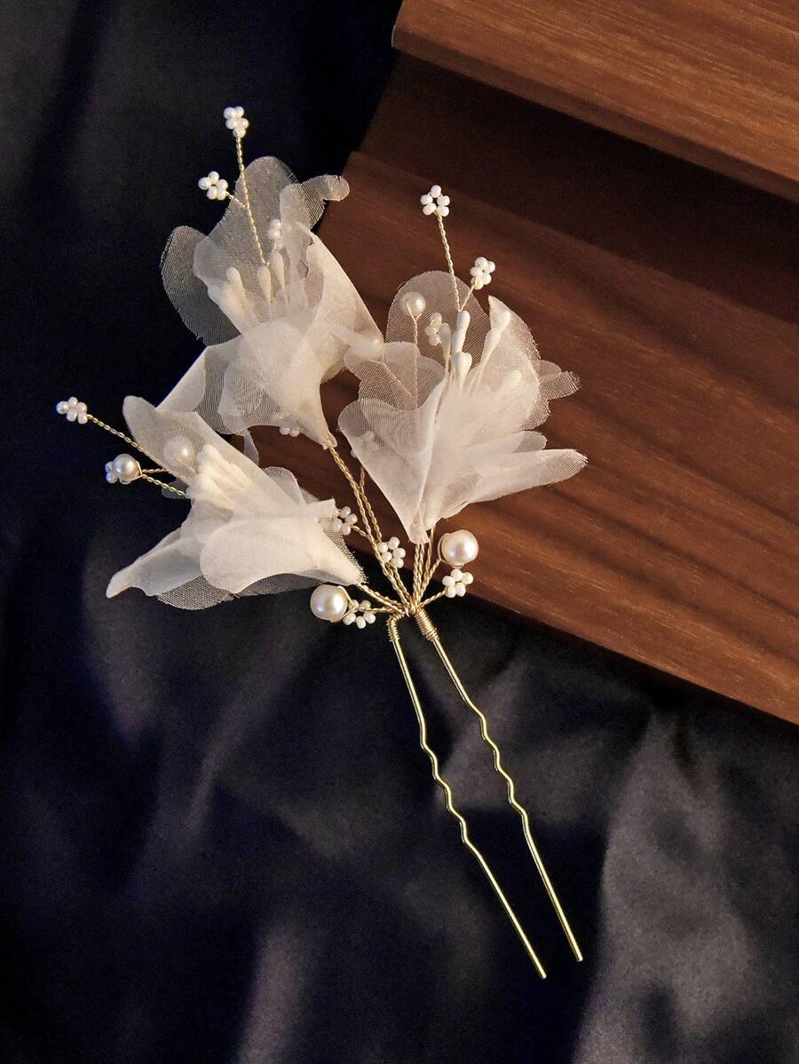 1pc Elegant Butterfly Petals Shaped U-Clip Bridal Hairpin With Pearl, Ideal For Weddings/Parties/Gifts Valentine's Day Accessories - White - View 1