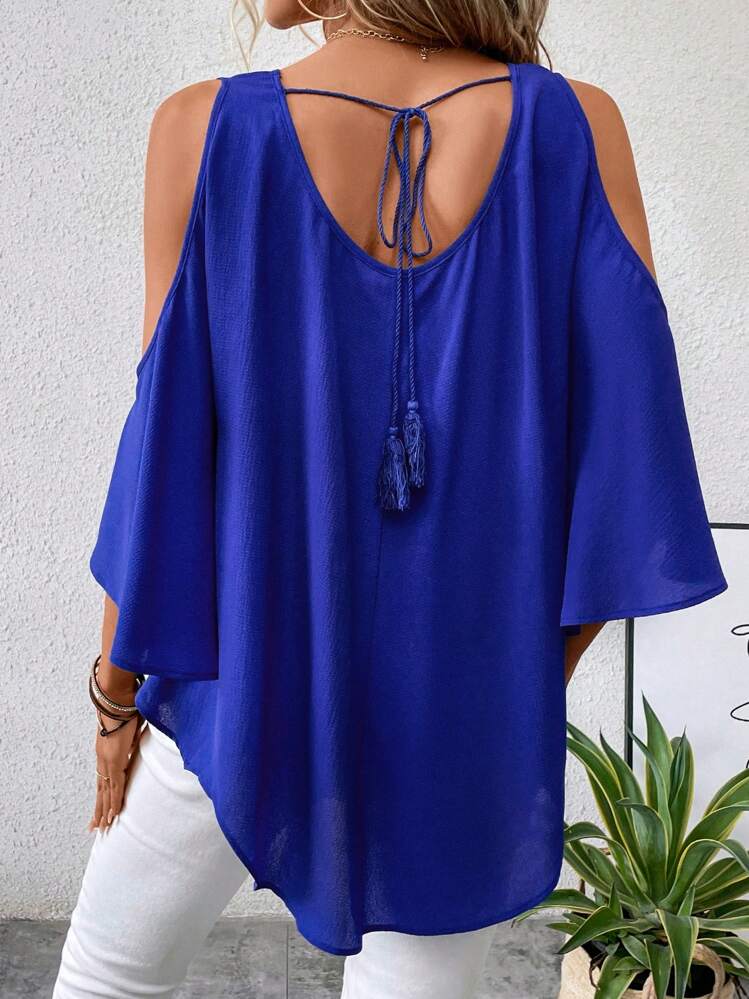 SHEIN LUNE Blouse à épaules dénudées manches chauve-souris - Bleu azur - Voir 2