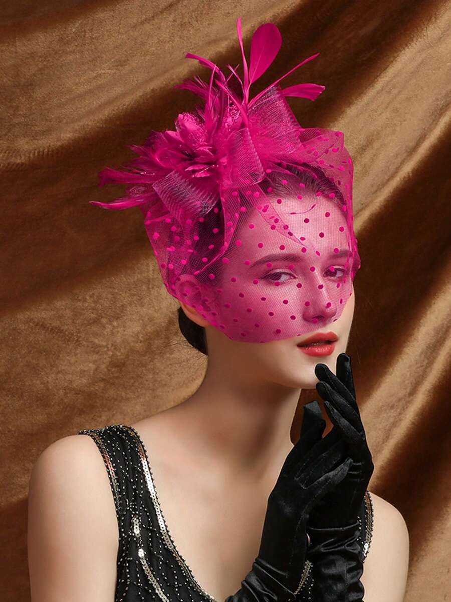 件裝迷人帽子女式服裝茶會帽子肯塔基德比環羽毛花式帽子婚禮教堂哈斯奇納頭帶和夾子 - 玫紅色 - 查看 1