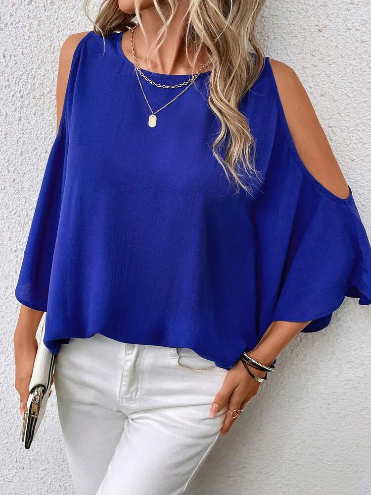 SHEIN LUNE Blouse à épaules dénudées manches chauve-souris - Bleu azur - Voir 5