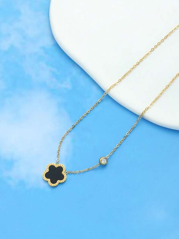 1 Stück Edelstahl Halskette Minimalistisch Schwarz doppelseitig Blume Anhänger, mit Strass