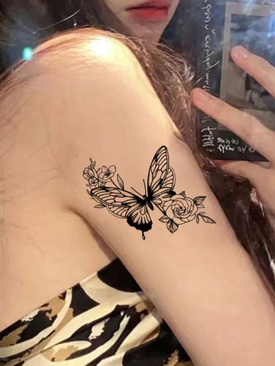 2sheets Butterfly Pattern Tattoo Sticker - Black - View 1