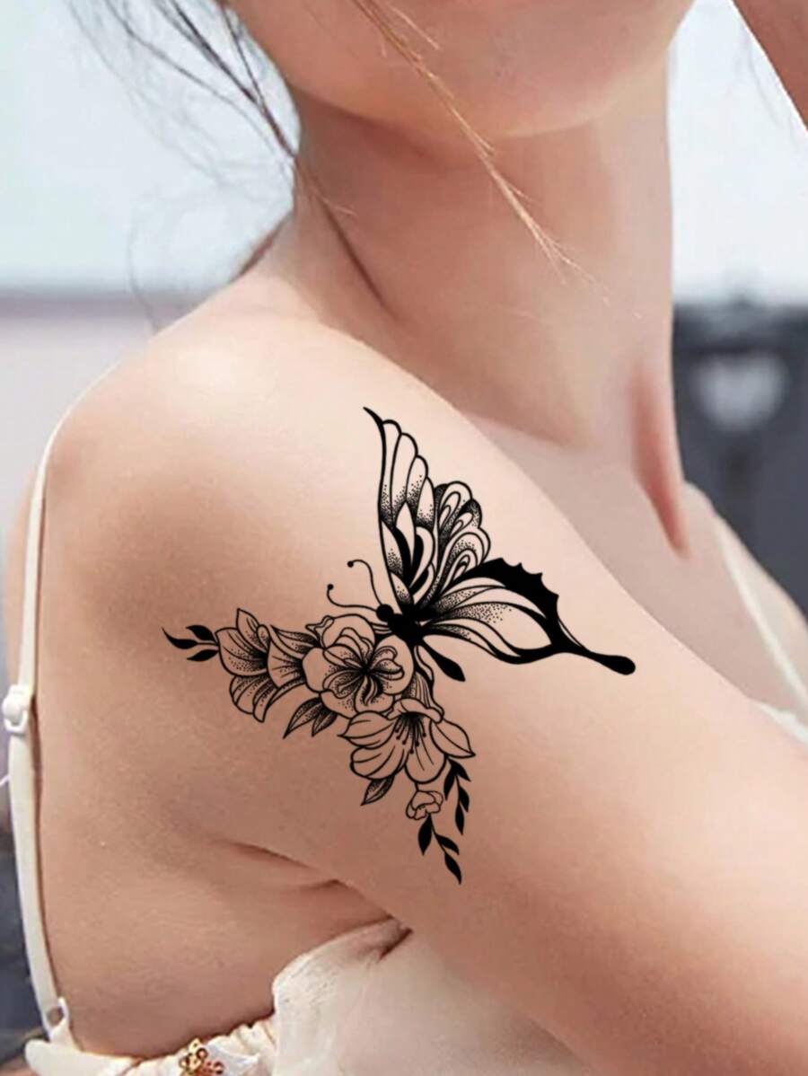 2pcs Butterfly Trail Temporary Tattoo Sticker For Women, Suitable For Arms - Black - View 1