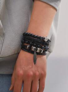 1set Western Style Multi-Layer Adjustable PU Beaded Bracelet DIY Combo Set Men's Jewelry Accessories - Multicolor - View 1