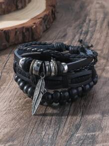 1set Western Style Multi-Layer Adjustable PU Beaded Bracelet DIY Combo Set Men's Jewelry Accessories - Multicolor - View 3