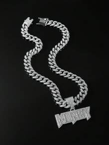 1pc Fully Iced Out Chain Necklace With MONEY Pendant For Men Hip Hop Style Alloy Material for Jewelry Gift - Silver - View 1