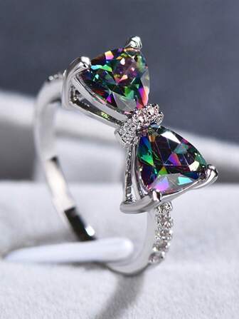 1 件装水晶和方晶锆石铜蝴蝶结戒指，适合女士婚礼约会珠宝礼物情人节、妈妈、母亲、母亲节、礼物