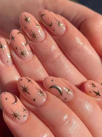 Upgrade Your Look with 24pcs Short Oval Metal Stars Moon Print Fake Nail & 1sheet Tape & 1pc Nail File