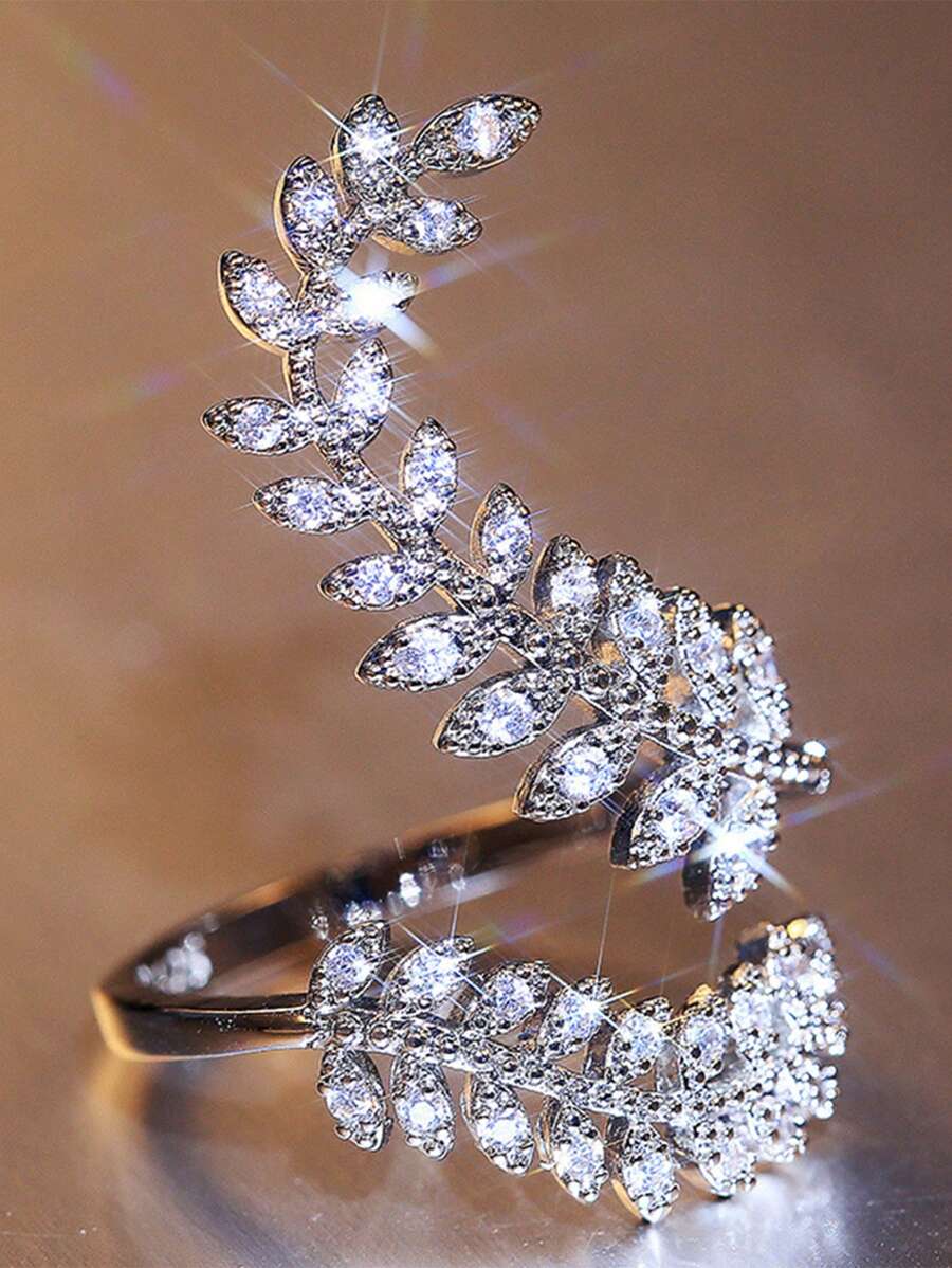 1入組魅力四射方晶鋯石樹葉裝飾戒指適合女士適用於約會禮物 - 銀色 - 查看 1