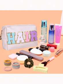 1入組女孩女士PU皮革防水雪尼爾字母貼布學院化妝品旅行化妝包帶拉鍊適用於彩妝洗滌 - 彩色 - 查看 5