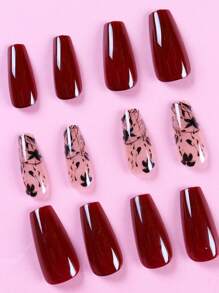 使用24入組紫紅色花卉印花長棺形人造美甲和1片膠帶和1支指甲文件為自己的風格加分，貼式假指甲，美甲用品 - 彩色 - 查看 3