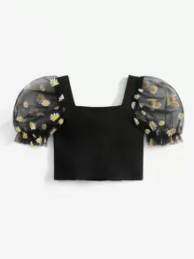 SHEIN Leap Crew 少女菊花印花對比網眼泡泡袖鈕扣前衣 - 黑色 - 查看 2