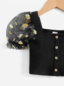 SHEIN Leap Crew 少女菊花印花對比網眼泡泡袖鈕扣前衣 - 黑色 - 查看 4